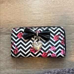 Floral Zip Wallet with Black Bow and Heart Charm